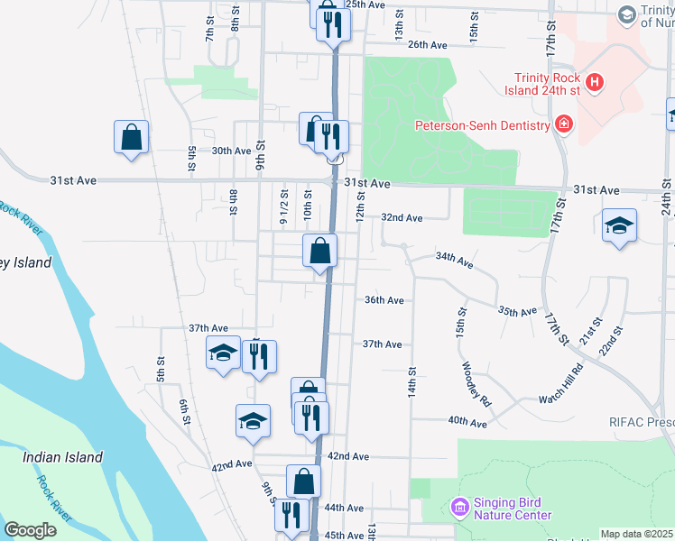 map of restaurants, bars, coffee shops, grocery stores, and more near 3408 11th Street in Rock Island