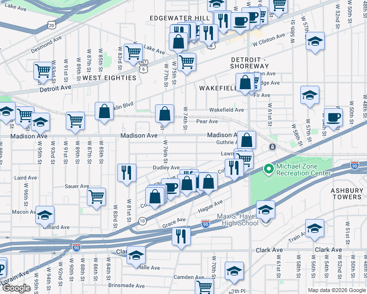 map of restaurants, bars, coffee shops, grocery stores, and more near 7412 Lawn Avenue in Cleveland
