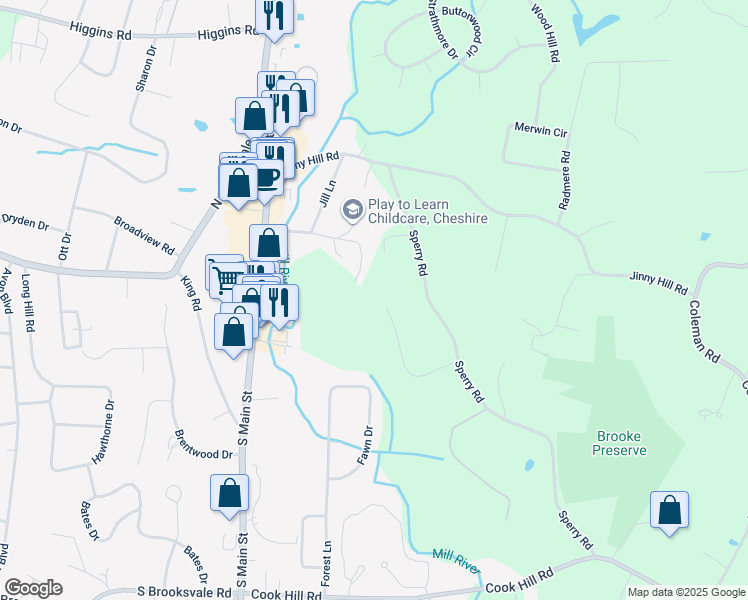 map of restaurants, bars, coffee shops, grocery stores, and more near 55 Brittany Court in Cheshire