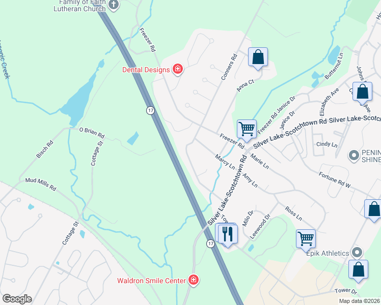 map of restaurants, bars, coffee shops, grocery stores, and more near 23 Tammy Drive in Middletown
