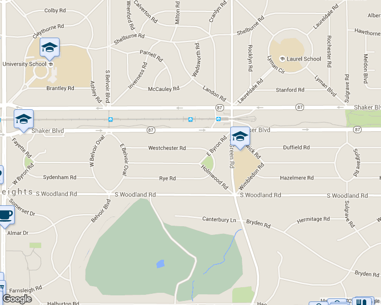 map of restaurants, bars, coffee shops, grocery stores, and more near 22550 Westchester Rd in Shaker Heights