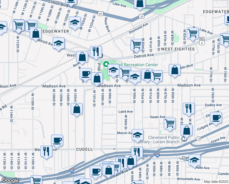map of restaurants, bars, coffee shops, grocery stores, and more near 2022 West 98th Street in Cleveland
