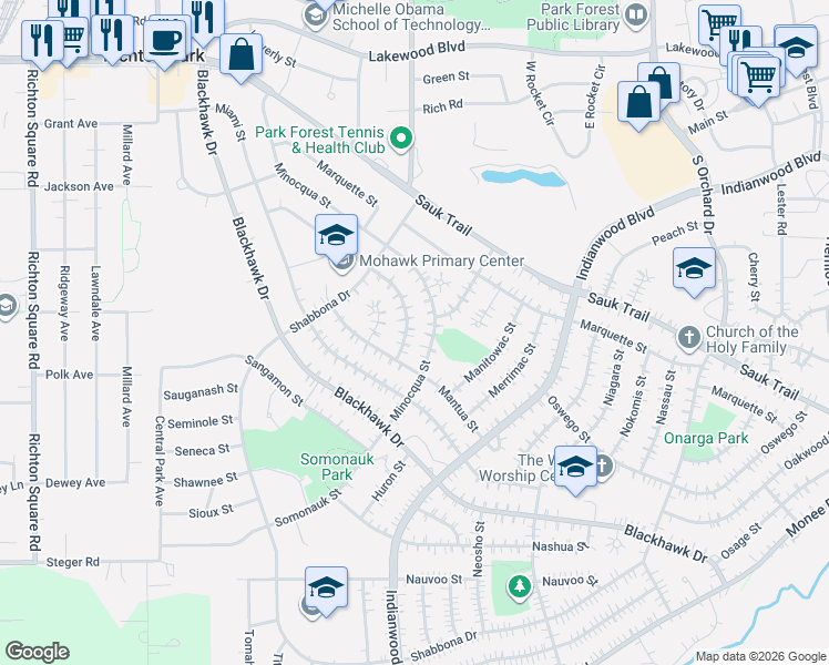 map of restaurants, bars, coffee shops, grocery stores, and more near 265 Minocqua Street in Park Forest