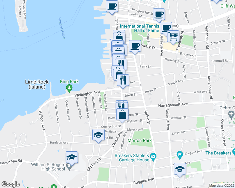 map of restaurants, bars, coffee shops, grocery stores, and more near 2 Sharon Court in Newport