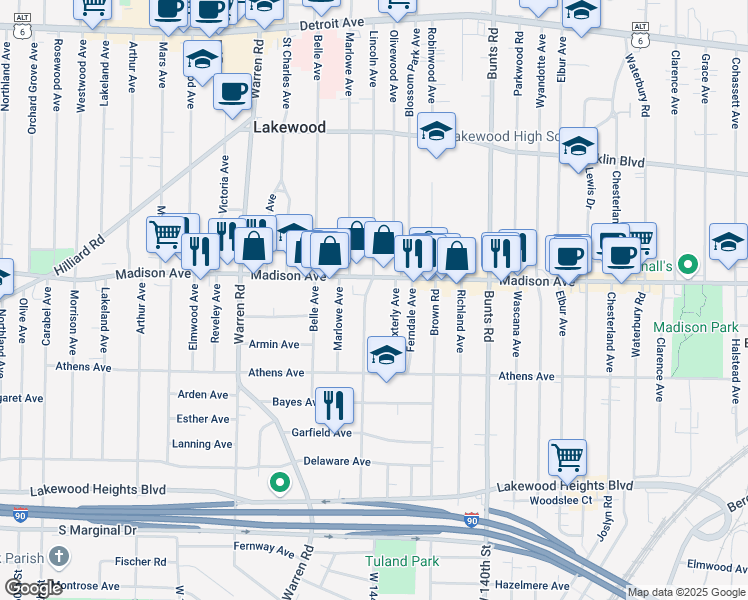 map of restaurants, bars, coffee shops, grocery stores, and more near 2021 Lincoln Avenue in Lakewood