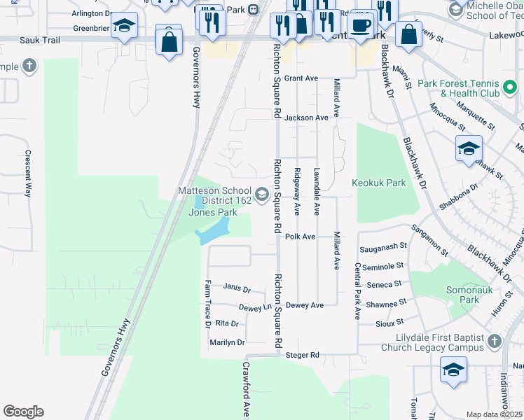map of restaurants, bars, coffee shops, grocery stores, and more near 22700 Richton Square Road in Richton Park