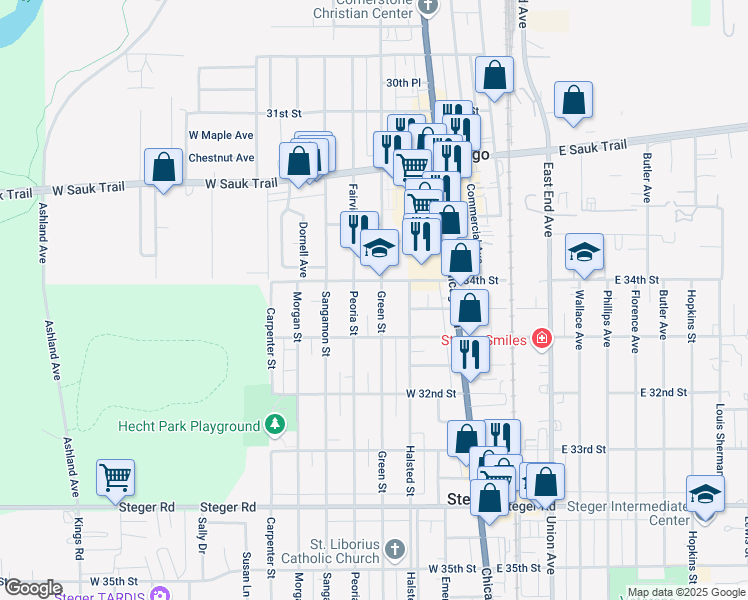 map of restaurants, bars, coffee shops, grocery stores, and more near 3014 Green Street in Steger