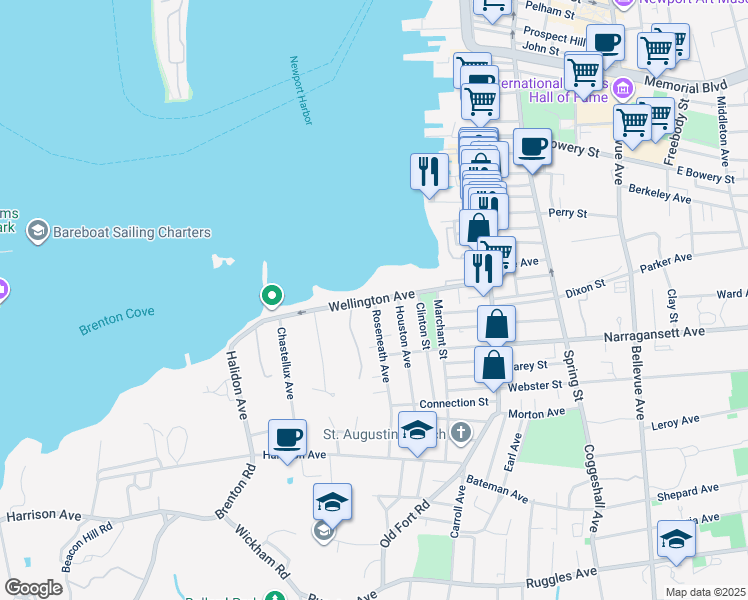map of restaurants, bars, coffee shops, grocery stores, and more near Wellington Avenue in Newport