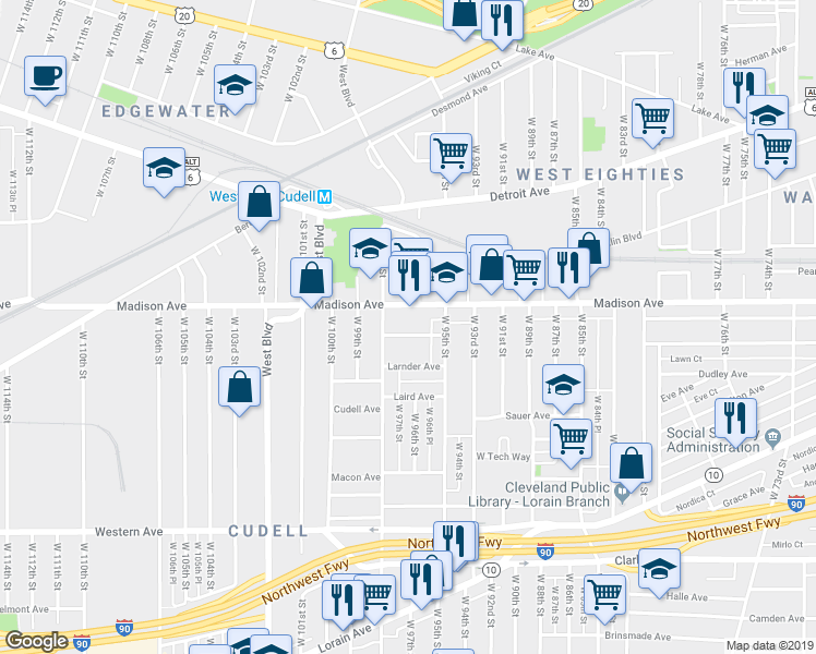 map of restaurants, bars, coffee shops, grocery stores, and more near 9618 Kirkwood Avenue in Cleveland