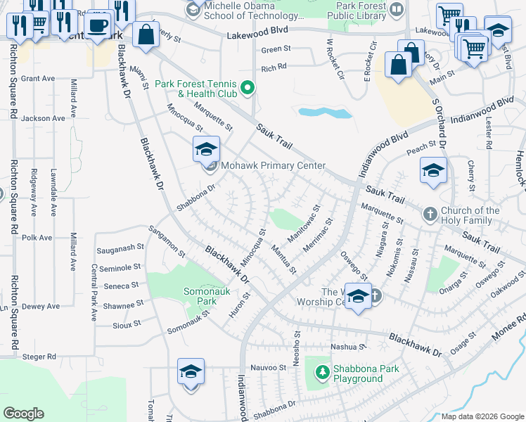 map of restaurants, bars, coffee shops, grocery stores, and more near 265 Minocqua Street in Park Forest
