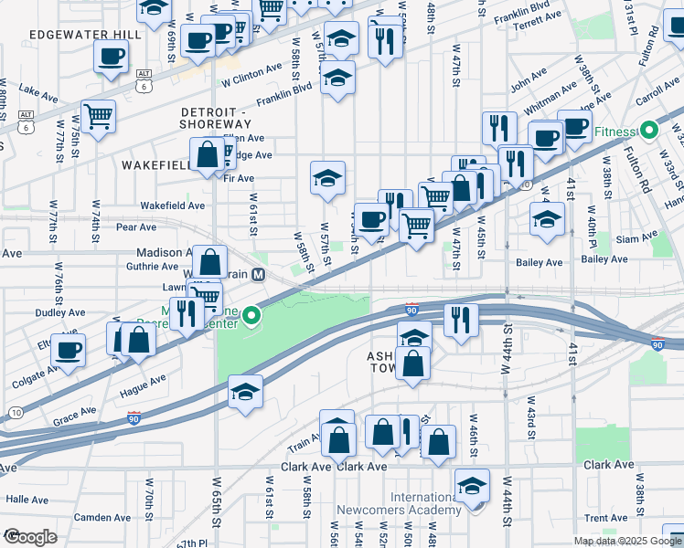 map of restaurants, bars, coffee shops, grocery stores, and more near 5508 Lorain Avenue in Cleveland