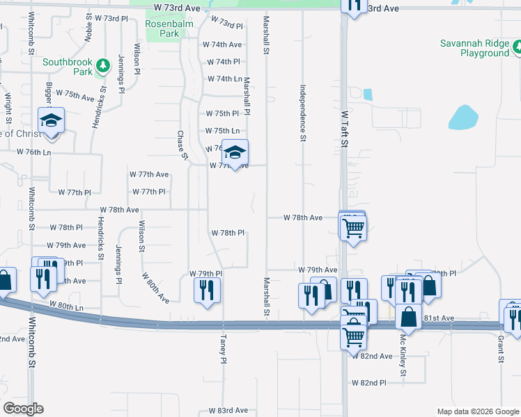 map of restaurants, bars, coffee shops, grocery stores, and more near 7718 Marshall Street in Merrillville