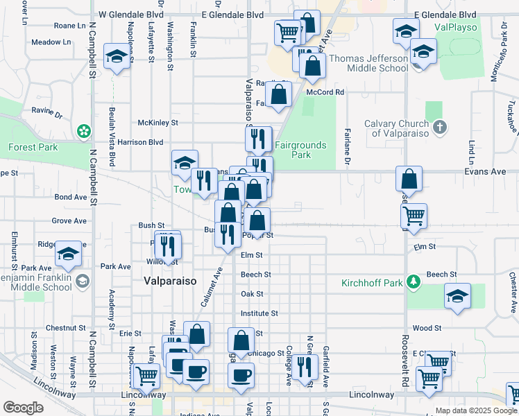 map of restaurants, bars, coffee shops, grocery stores, and more near 902 Calumet Avenue in Valparaiso