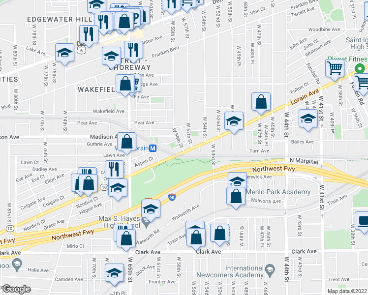 map of restaurants, bars, coffee shops, grocery stores, and more near 5730 Lorain Avenue in Cleveland