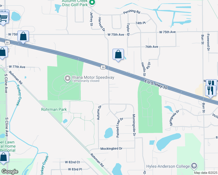 map of restaurants, bars, coffee shops, grocery stores, and more near 2510 Harvest Drive in Crown Point