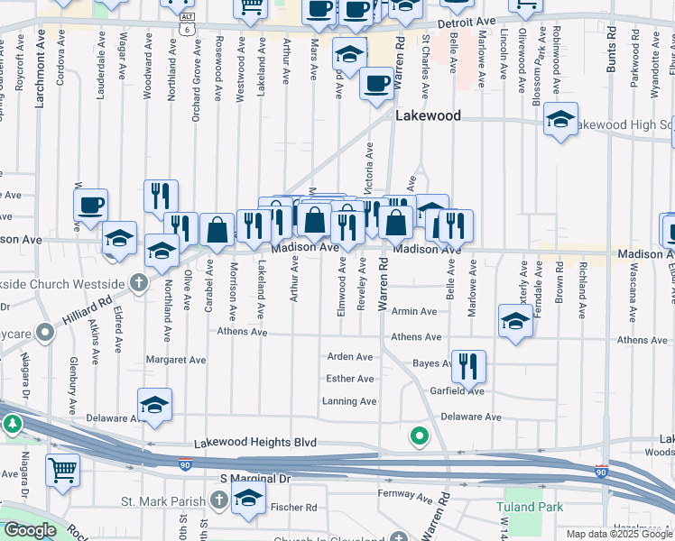 map of restaurants, bars, coffee shops, grocery stores, and more near 2026 Elmwood Avenue in Lakewood