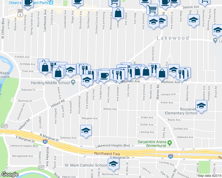 map of restaurants, bars, coffee shops, grocery stores, and more near 2015 Morrison Avenue in Lakewood