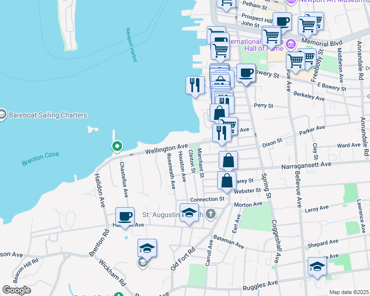 map of restaurants, bars, coffee shops, grocery stores, and more near 97 Wellington Avenue in Newport