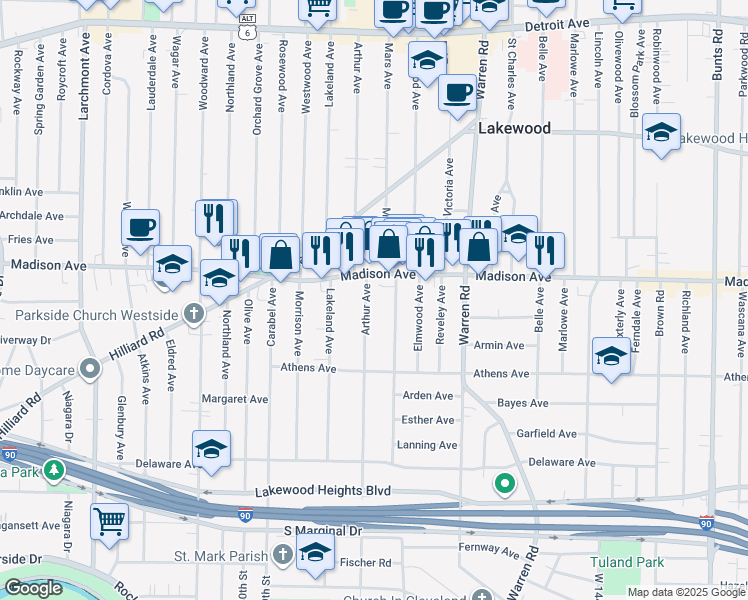 map of restaurants, bars, coffee shops, grocery stores, and more near 2027 Arthur Avenue in Lakewood