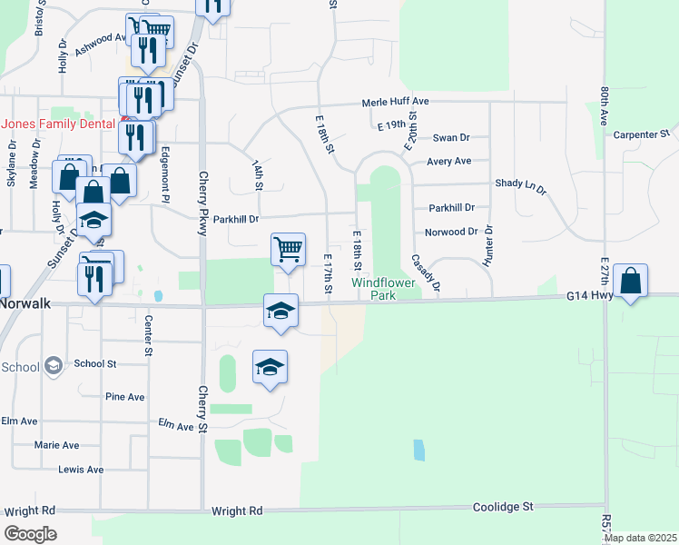 map of restaurants, bars, coffee shops, grocery stores, and more near 900 East 17th Street in Norwalk