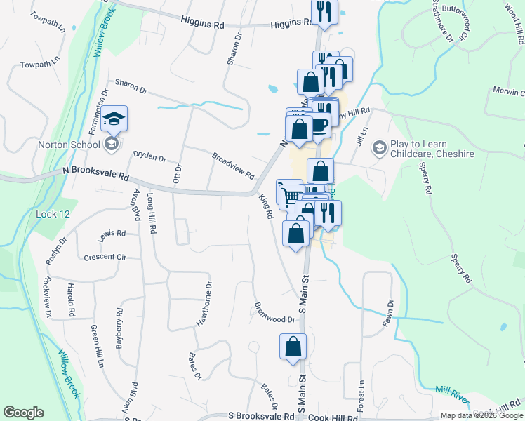 map of restaurants, bars, coffee shops, grocery stores, and more near 1023 King Road in Cheshire