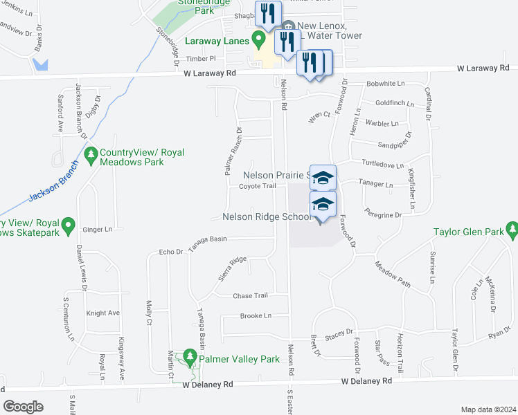 map of restaurants, bars, coffee shops, grocery stores, and more near 2458 Box Canyon in New Lenox