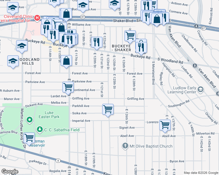 map of restaurants, bars, coffee shops, grocery stores, and more near 3025 East 123rd Street in Cleveland