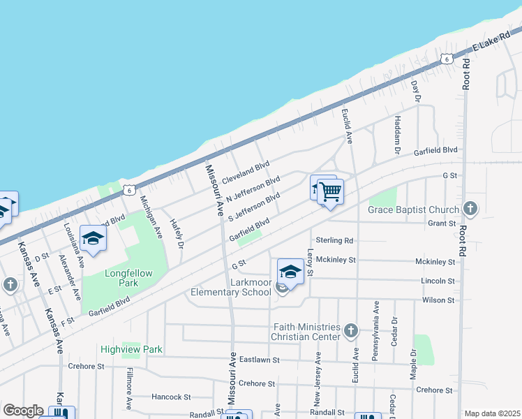 map of restaurants, bars, coffee shops, grocery stores, and more near 2550 S Jefferson Blvd in Lorain
