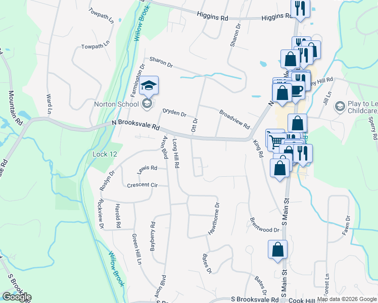 map of restaurants, bars, coffee shops, grocery stores, and more near 33 Hilltop Road in Cheshire