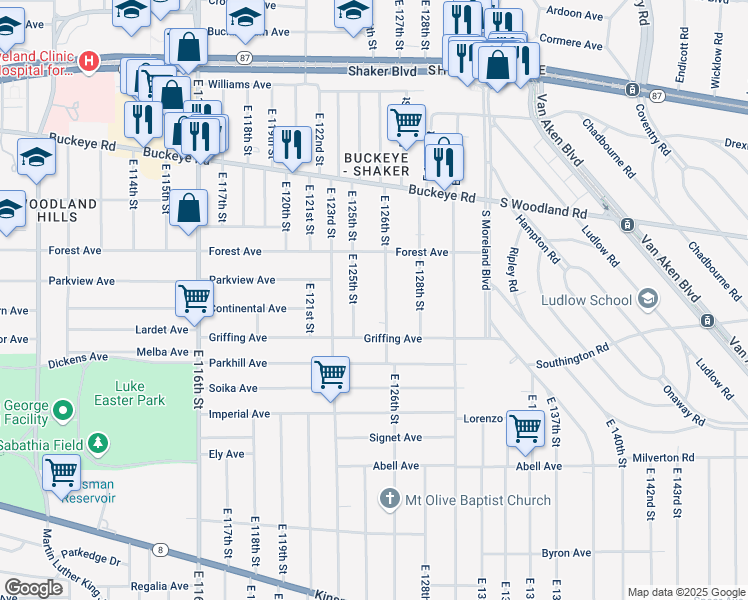 map of restaurants, bars, coffee shops, grocery stores, and more near 3026 East 126th Street in Cleveland
