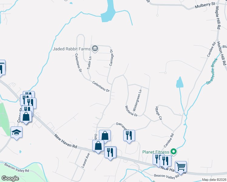 map of restaurants, bars, coffee shops, grocery stores, and more near 199 Osborn Road in Naugatuck