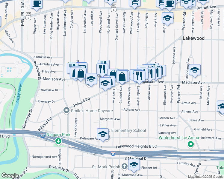 map of restaurants, bars, coffee shops, grocery stores, and more near 16101 Hilliard Road in Lakewood