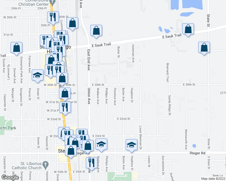 map of restaurants, bars, coffee shops, grocery stores, and more near 3014 Florence Avenue in Steger
