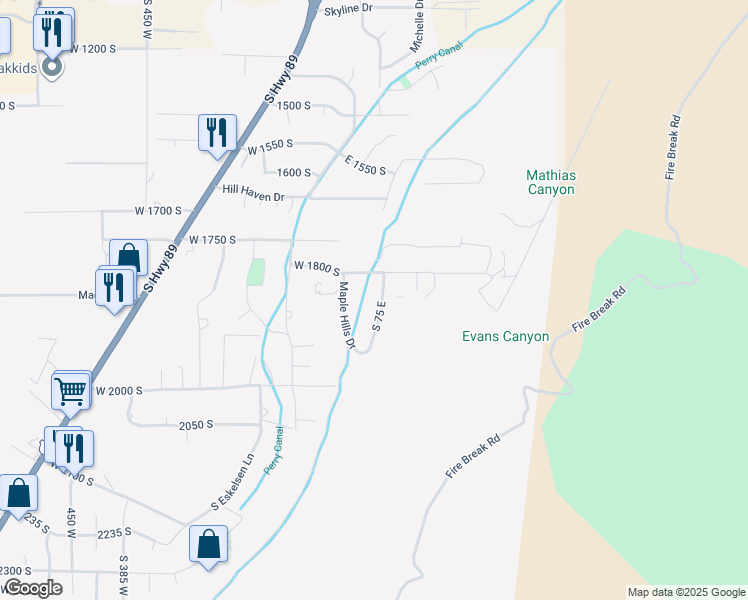 map of restaurants, bars, coffee shops, grocery stores, and more near 1850 Maple Hills Drive in Perry