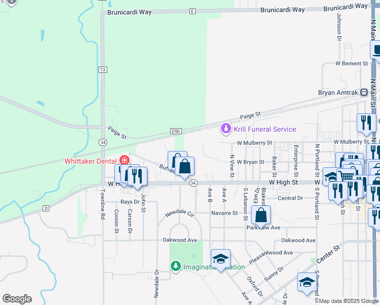 map of restaurants, bars, coffee shops, grocery stores, and more near 1000 Buffalo Road in Bryan