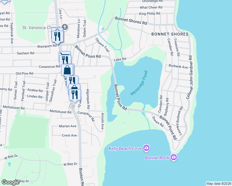 map of restaurants, bars, coffee shops, grocery stores, and more near 175B Bonnet Point Road in Narragansett