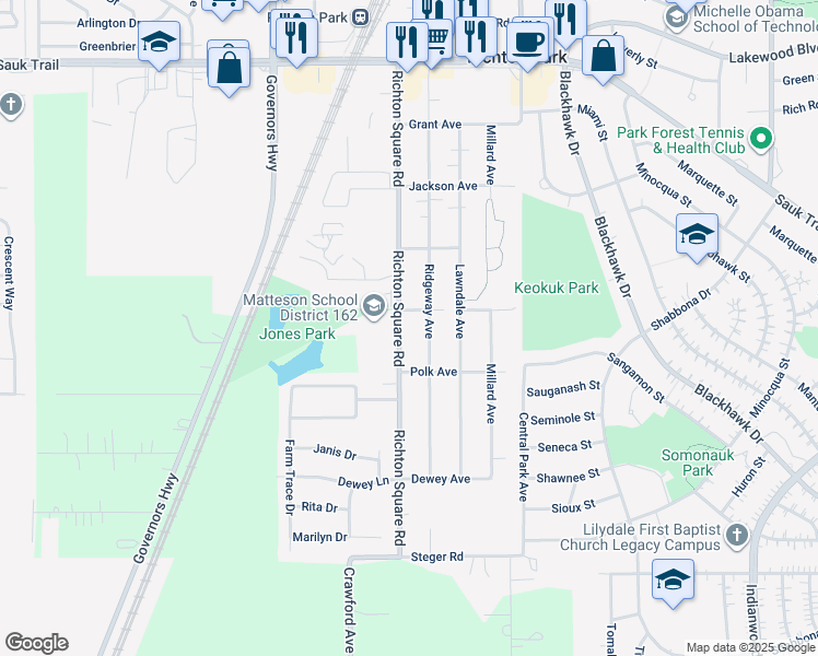 map of restaurants, bars, coffee shops, grocery stores, and more near 22711 Richton Square Road in Richton Park
