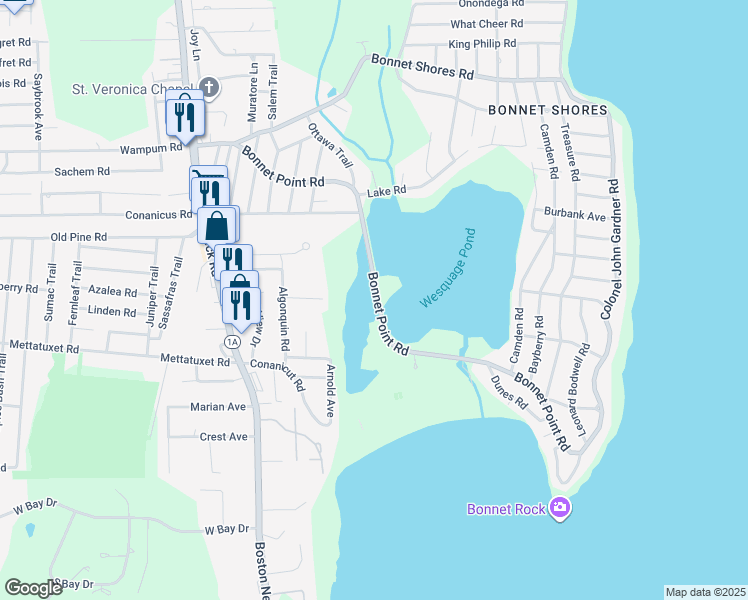 map of restaurants, bars, coffee shops, grocery stores, and more near 175 Bonnet Point Road in Narragansett
