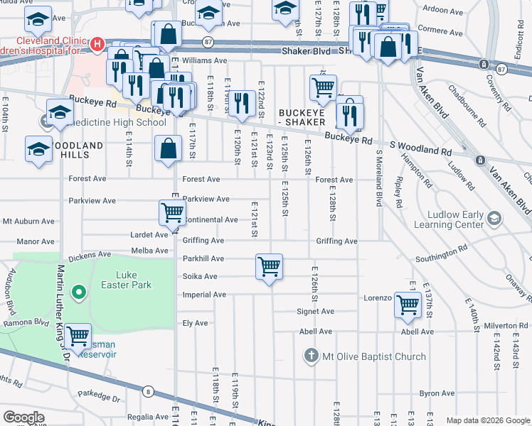 map of restaurants, bars, coffee shops, grocery stores, and more near 3025 East 123rd Street in Cleveland