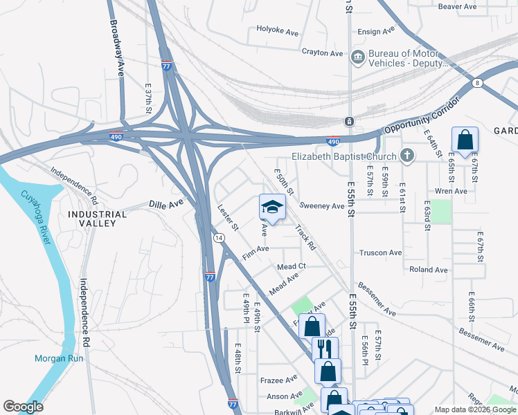 map of restaurants, bars, coffee shops, grocery stores, and more near 3010 Nursery Avenue in Cleveland