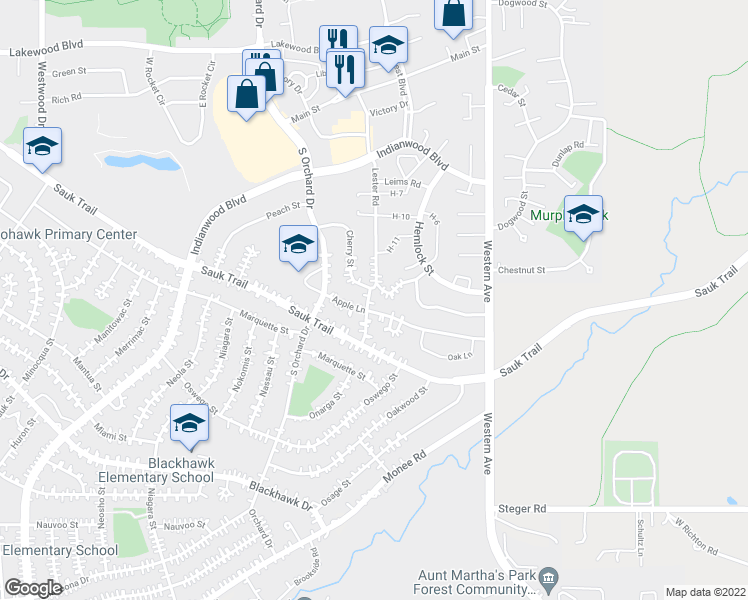 map of restaurants, bars, coffee shops, grocery stores, and more near 251 Lester Road in Park Forest