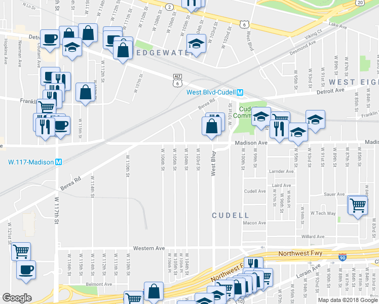 map of restaurants, bars, coffee shops, grocery stores, and more near 2017 W 104th St in Cleveland