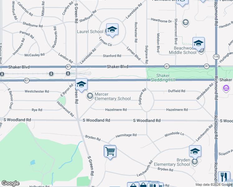 map of restaurants, bars, coffee shops, grocery stores, and more near 23770 Duffield Road in Shaker Heights