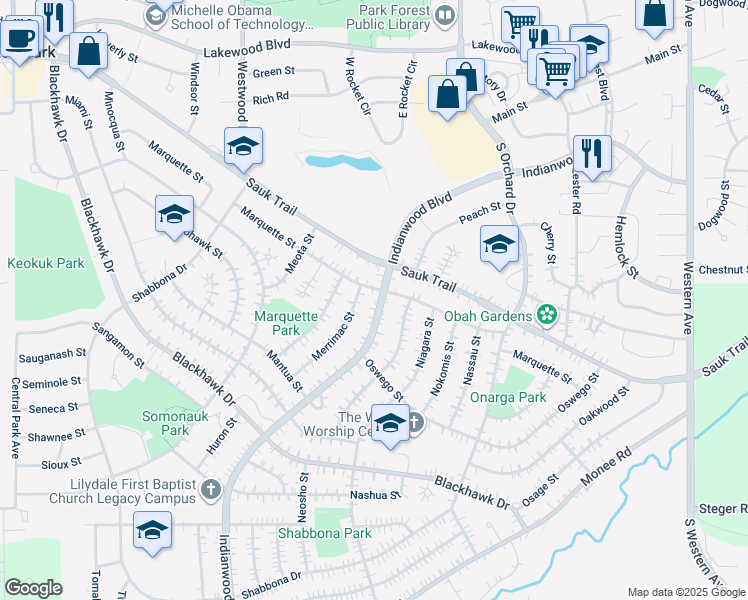 map of restaurants, bars, coffee shops, grocery stores, and more near 312 Indianwood Boulevard in Park Forest