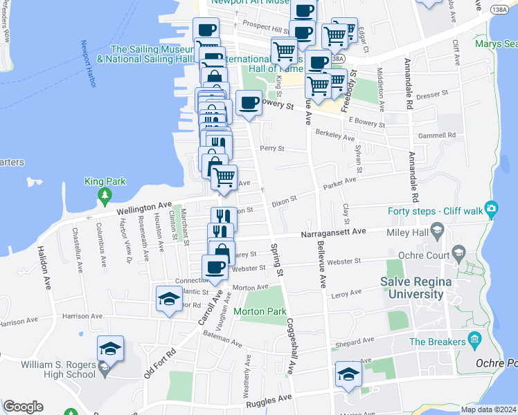map of restaurants, bars, coffee shops, grocery stores, and more near 501 Spring Street in Newport