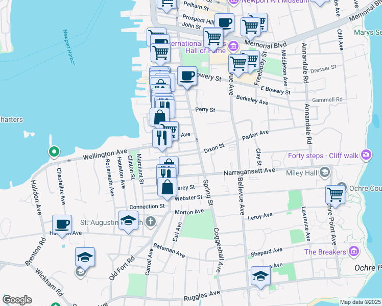 map of restaurants, bars, coffee shops, grocery stores, and more near 501 Spring Street in Newport
