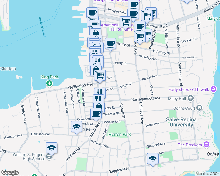 map of restaurants, bars, coffee shops, grocery stores, and more near 26 Dixon Street in Newport