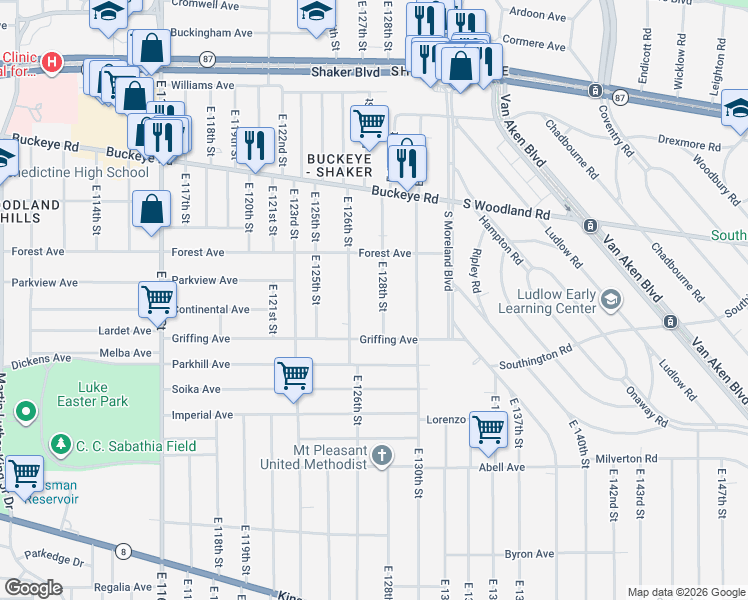 map of restaurants, bars, coffee shops, grocery stores, and more near 3018 East 128th Street in Cleveland