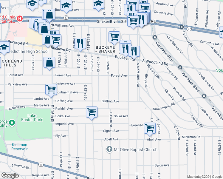 map of restaurants, bars, coffee shops, grocery stores, and more near 3018 East 128th Street in Cleveland