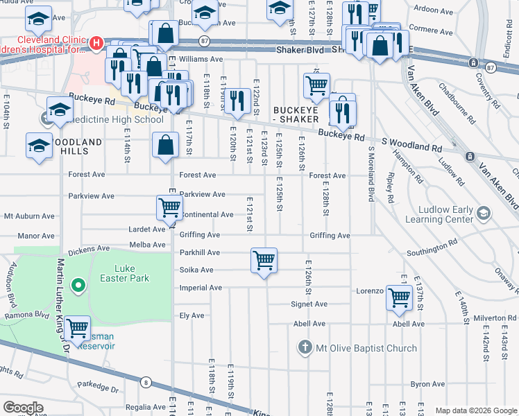 map of restaurants, bars, coffee shops, grocery stores, and more near 3025 East 123rd Street in Cleveland